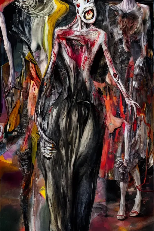 Image similar to crazy fashion catwalk, one model, crazy clothes, biopunk style, horror, hauntingly surreal, highly detailed painting by francis bacon, edward hopper, adrian ghenie, gerhard richter, and james jean soft light 4 k,