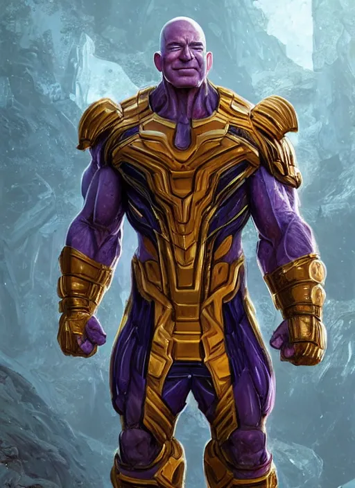 Image similar to jeff bezos is a muscular bodybuilder and is wearing thanos armor, au naturel, hyper detailed, digital art, trending in artstation, cinematic lighting, studio quality, smooth render, unreal engine 5 rendered, octane rendered, art style by klimt and nixeu and ian sprigger and wlop and krenz cushart.