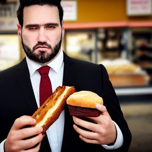 Image similar to Close up portrait of a clean-shaven chubby man with long black hair wearing a brown suit and necktie with a bakery in the background. Photorealistic. Award winning. Dramatic lighting. Intricate details. UHD 8K. He looks guilty and is giving puppy dog eyes.