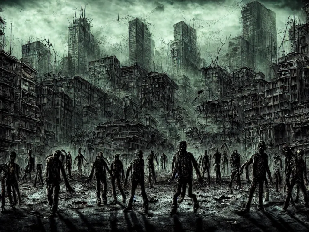 Image similar to post apocalyptic city landscape zombies roaming, very highly detailed, photography, 4 k, sharp focus, art