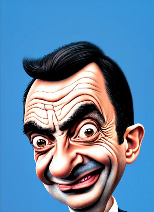 Image similar to highly detailed caricature portrait of mr bean by ross tran, by anato finnstark, brush strokes, 4 k resolution, light blue pastel background