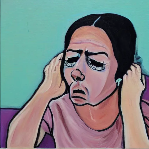 Prompt: a painting of an extremely concerned artist crying in front of a computer