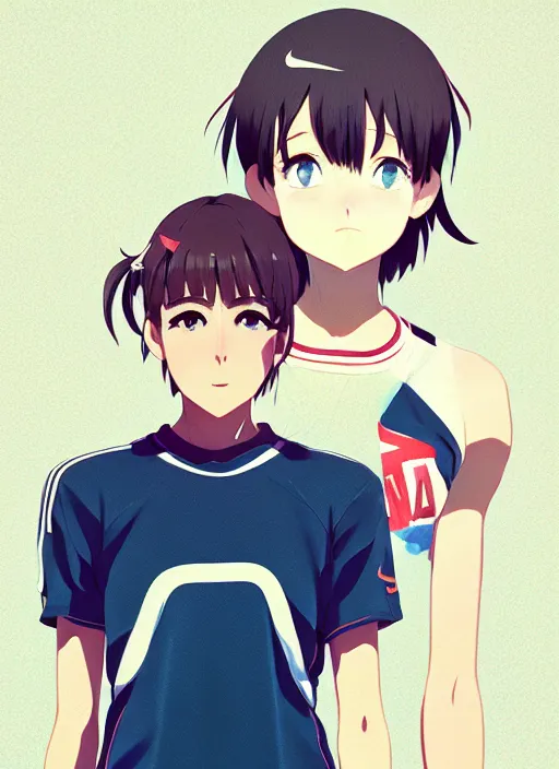 Image similar to portrait of high school runner girl, sunny sky background stadium landscape illustration concept art anime key visual trending pixiv fanbox by wlop and greg rutkowski and makoto shinkai and studio ghibli and kyoto animation real face symmetrical facial features short down hair sports clothing marathon race sponsors nike shirt