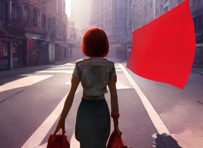 Image similar to glowing girl walking through daylight city carrying a red propaganda flag , DSLR 85mm, by Craig Mullins, ilya kuvshinov, krenz cushart, artgerm, Unreal Engine 5, Lumen, Nanite