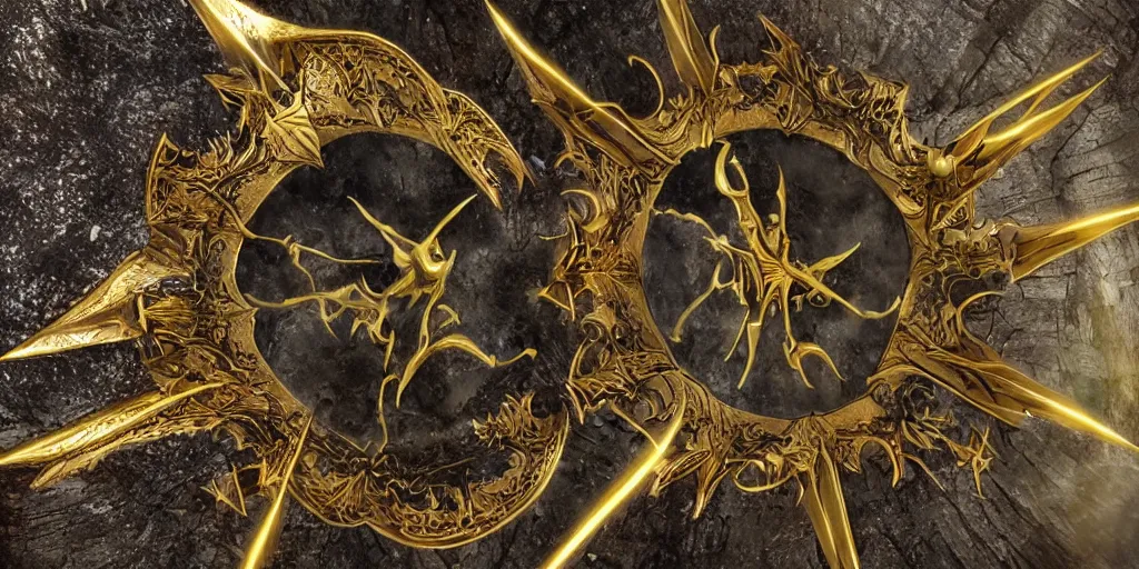 Image similar to the glaive from krull, a large golden ornate magical shuriken, flies thru a ancient forest leaving a trail of particles, the glaive is in sharp focus but the background is blurred