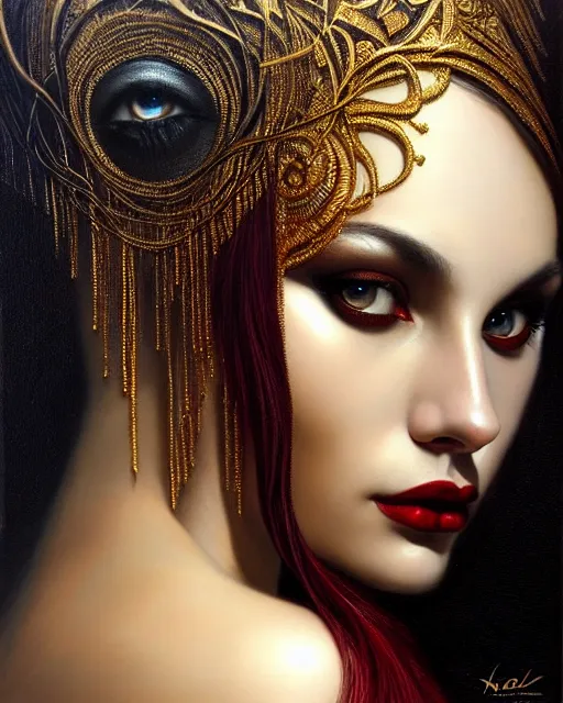 Image similar to portrait of a beautiful goddess, enigmatic beauty, dominant shades of black, gold silver, dark red, white, head in focus, fantasy art, ornamental aesthetics, intricate, elegant, highly detailed, hyperrealistic, artstation, concept art, soft illumination, painterly, sharp focus, art by karol bak