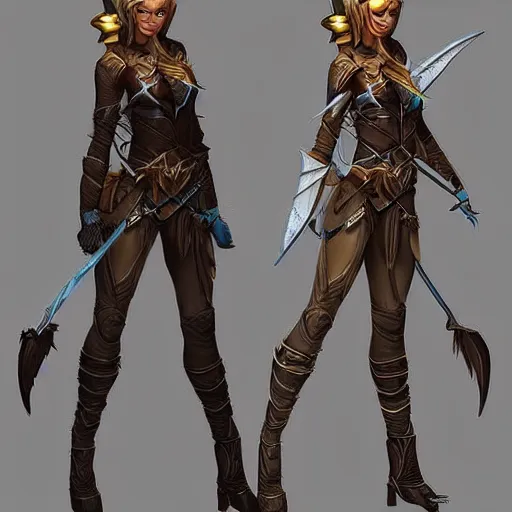 Image similar to character outfit concept of fantasy female elf ranger, trending on artstation, highly detailed