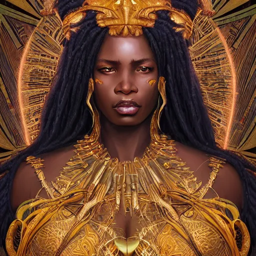 Prompt: an african deity king of the jungle, kemetic, D&D, fantasy, intricate, elegant, highly detailed, digital painting, artstation, concept art, matte, sharp focus, illustration, art by Artgerm and Greg Rutkowski and Alphonse Mucha