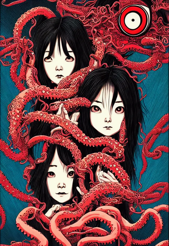 Image similar to a comic book style japanese horror poster of girl with large eyes by dan mumford, yusuke murata and junji ito, blood lines, yokai, shinigami, eyes, shurikens, kanji, tentacles, synthwave, 8k, unreal engine, trending on artstation, pixiv, intricate details, volumetric lighting