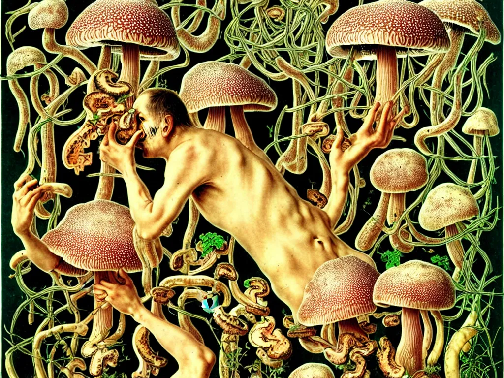 Image similar to human eating yourself with mushrooms, neo surrealism, art by ernst haeckel