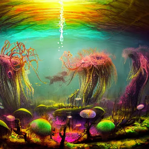 Prompt: underwater forest made of jellyfish beautiful composition, wide angle, colorful, cinematic, volumetric lighting, intricate details painting