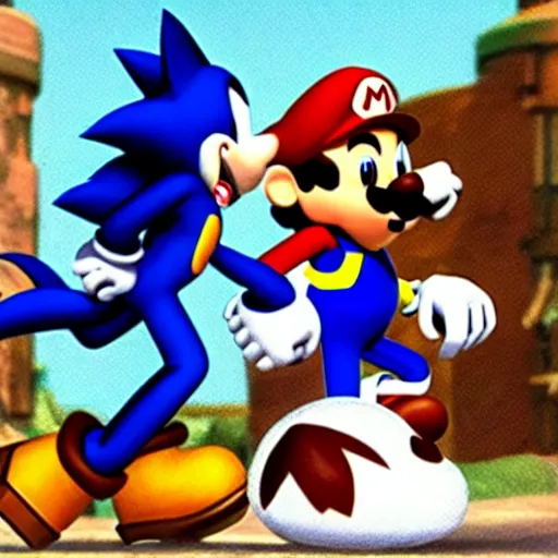 Prompt: 1940s disney film about super mario and sonic the hedgehog