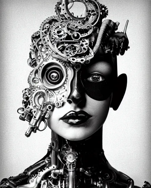 Prompt: black and white dreamy foggy smoky profile face portrait, one silver steampunk eye biomechanical beautiful young female cyclope - cyborg - robot bust, body ribs meshes,, volumetric light, hibiscus flowers, by hg giger, rim light, by dora maar and cecile beaton, big gothic fashion pearl embroidered collar, 8 k