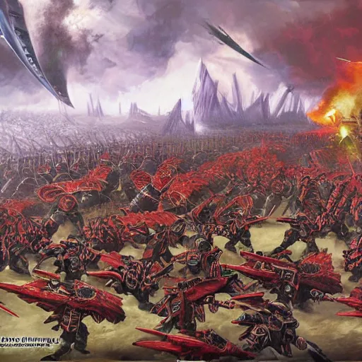 Image similar to Battle of the Imperial Guard on the planet against the Tyranids, Warhammer 40,000, super quality, Artist - Phil Moss