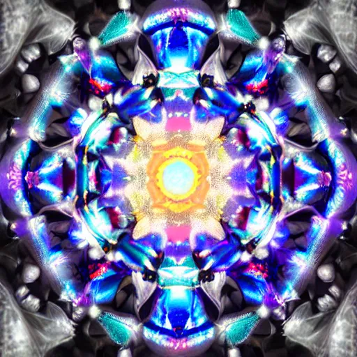 Image similar to glorious glowing ice opal mandala sculpture of the queen of geometry, by karol bak and filip hodas, chrome lasers, 1. 4 symmetrical, smooth polished ice opal gemstone mandala, natural volumetric lighting, realistic 4 k octane beautifully detailed render, 4 k ultra hd, no blurry painting white blur bokeh brushstrokes chess