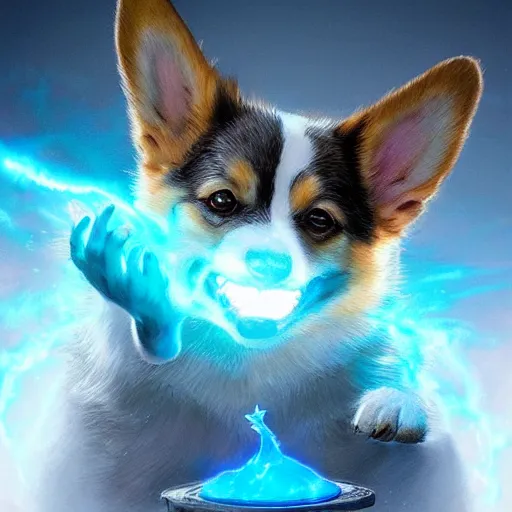 Prompt: an anthropomorphic corgi casting a magical spell, glowing blue spell effects, extremely detailed, hyperrealistic, beautiful digital illustration by artgerm and greg rutkowski, award - winning, trending on artstation, 8 k