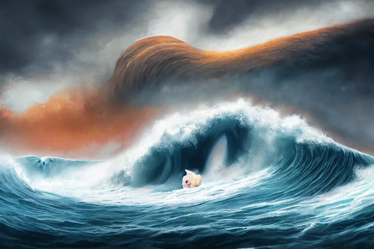 Image similar to giant tsunami wave with a cat of the same size, digital painting, epic composition, highly detailed, 8 k