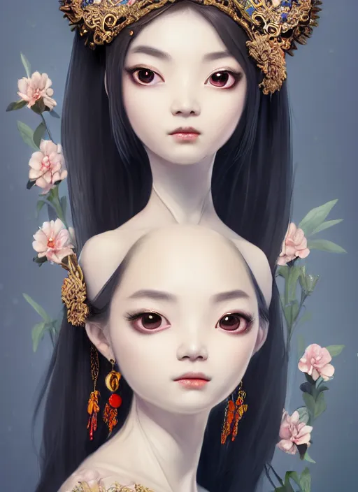 Prompt: beautiful fashion girl in tang dynasty with big eyes, strapless dress, character portrait in the style of thomas river and artgerm, wlop, cinematic lighting, hyperdetailed, 8 k realistic, symmetrical, global illumination, radiant light, halo, love and mercy, frostbite 3 engine, cryengine, dof, trending on artstation, digital art, chanel