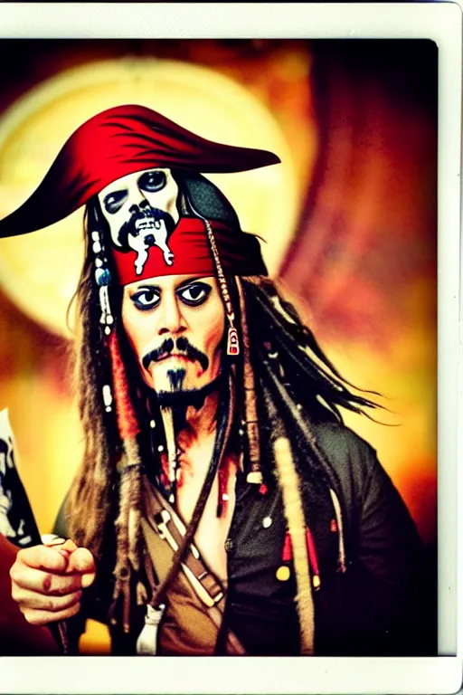 Image similar to Jack Sparrow in a casino, piña colada, realistic photograph, polaroid, film