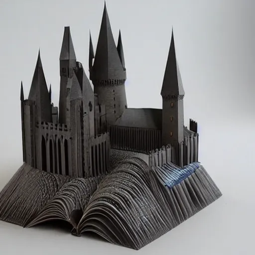 Image similar to intricate cut paper sculpture of hogwarts castle in a book