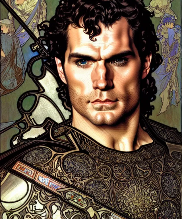 Prompt: realistic detailed face portrait of henry cavill in knight's armor by alphonse mucha, ayami kojima, amano, greg hildebrandt, and mark brooks, masculine, male, art nouveau, neo - gothic, gothic