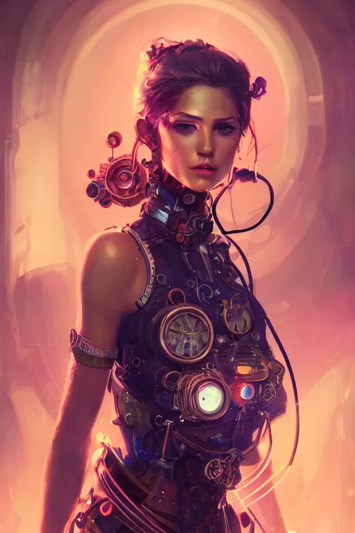 Image similar to portrait of a psychedelic steampunk girl with biotechnical parts and neon light by Artgerm and Greg Rutkowski , digital painting, highly detailed, trending on artstation