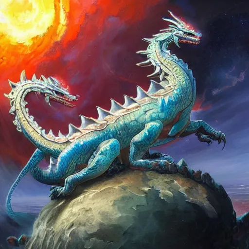 Prompt: prompt crystalline blue dragon, European dragon, devouring a planet, eating a planet. space, planets, moons, sun system, nebula, oil painting, by Fernanda Suarez and and Edgar Maxence and greg rutkowski