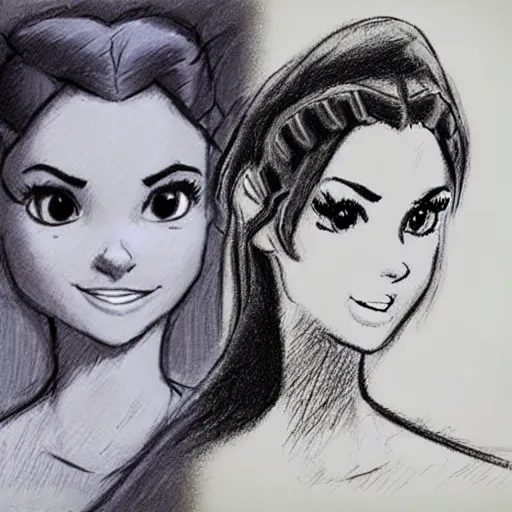 Image similar to milt kahl sketch of victoria justice with done up hair, tendrils and ponytail as princess padme from star wars episode 3