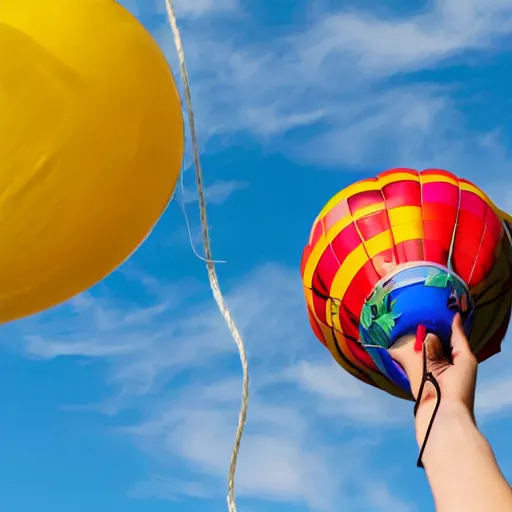 Image similar to a domestic house cat clinging onto the bottom of a string tied to a balloon in the blue sky