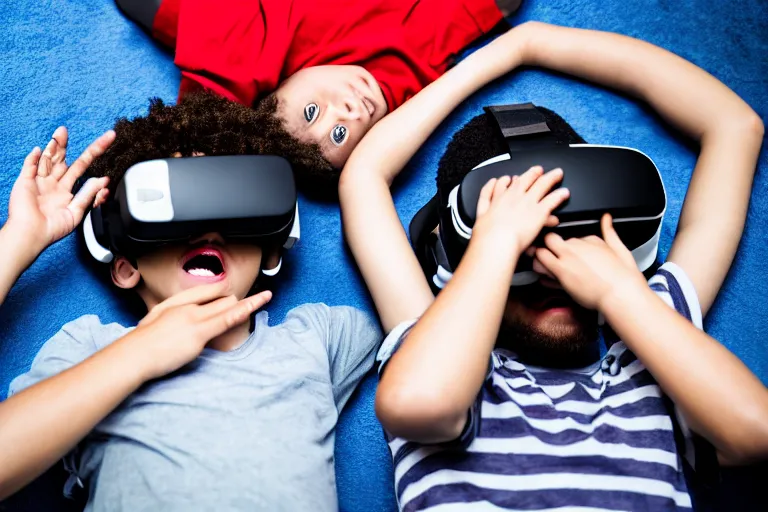 Image similar to An aerial stock photo of two boys laying in bed, with a bunch of stuff, wearing a VR-headset, featured on flickr, cluttered