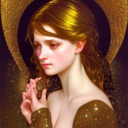 Prompt: portrait of a girl surrounded by shimmering reflective gold flakes, face, fantasy, intricate, elegant, dramatic lighting, highly detailed, lifelike, photorealistic, digital painting, artstation, concept art, smooth, sharp focus, illustration, art by John Collier and Krenz Cushart and Artem Demura and Alphonse Mucha and and Albert Aublet