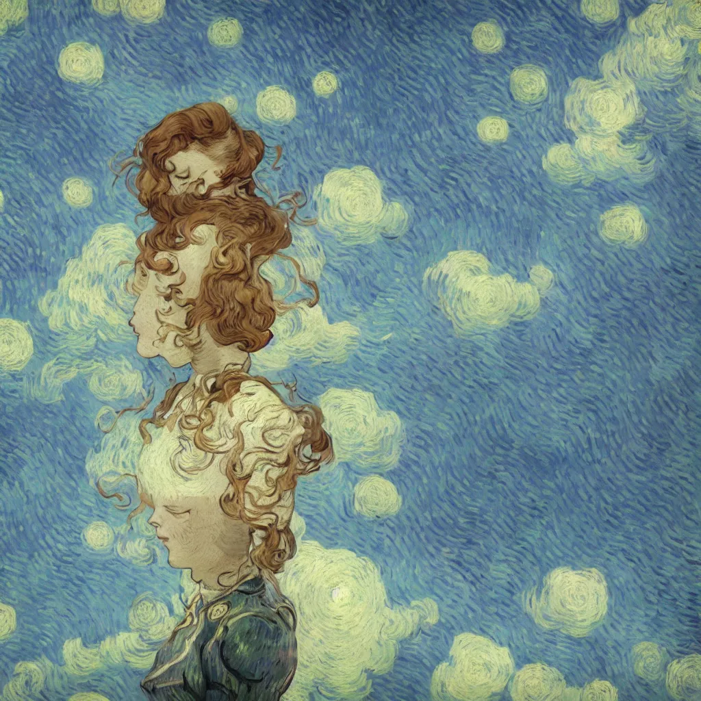 Image similar to a photo of a girl half robot, surrounded by clouds and mist, the sun shines brightly, volume light, cinematic light effect, super realistic, super wide angle, rococo ornament, cinematic, symmetrical, decorative frame, by victo ngai ， vincent van gogh, leon francois comerre, craig mullins, mucha, klimt, artstation