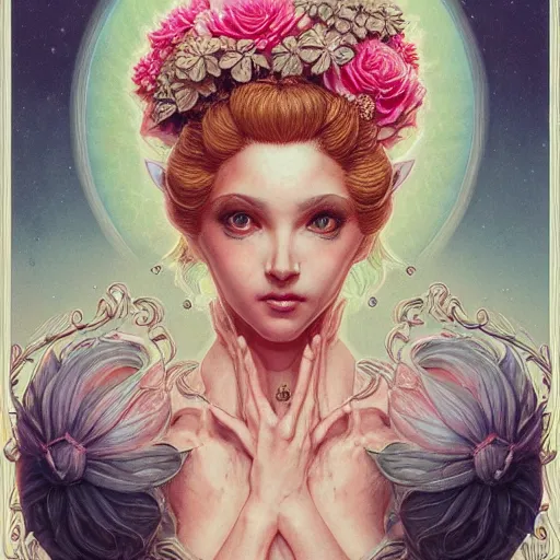 Prompt: a beautiful detailed front view portrait of princess peach with ornate growing around, ornamentation, flowers, elegant, beautifully soft lit, by wayne barlowe, peter mohrbacher, kelly mckernan