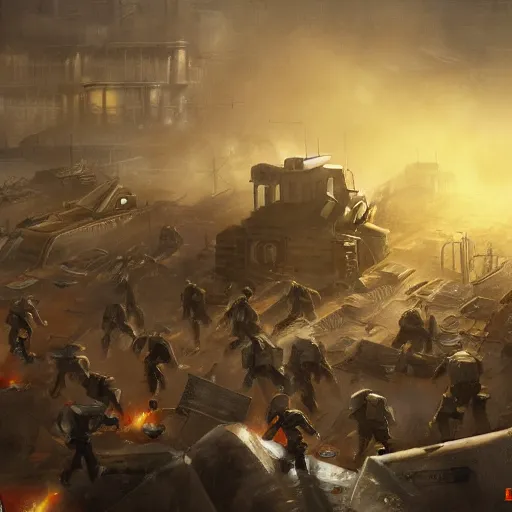 Image similar to bloody war scene, explosions, soldiers running, fog, sun beams, big machines dieselpunk style, no text, painting style