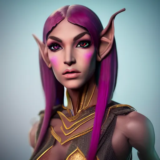 Image similar to portrait of a beautiful female high elf with tan skin, magenta eyey, dark skin. 3 d octane render trending on art station 8 k