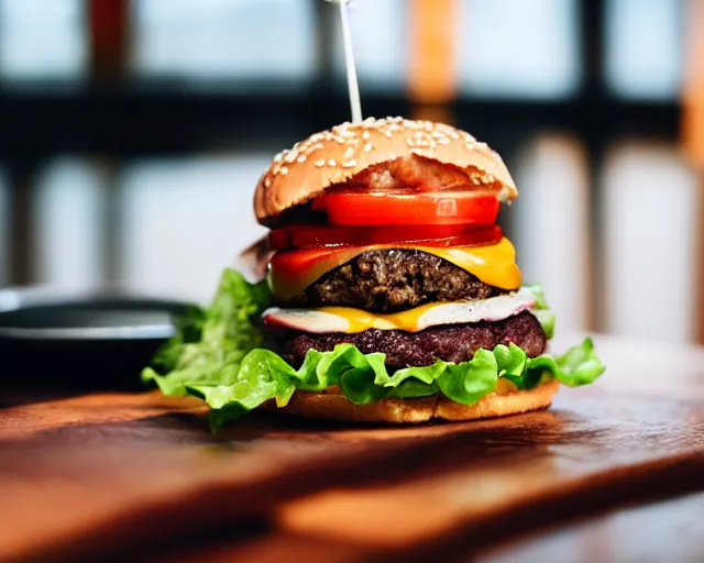 Prompt: dslr food photograph of burger with a raw meat patty in it, 8 5 mm f 1. 4