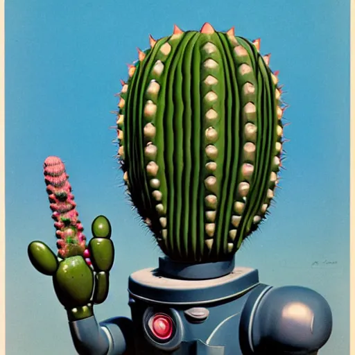 Image similar to a 1950s retro 3D Cactus robot, with space above the head. Bionic cacti Arms and eyes. subject in shot pop surrealism muted colours. by Jean-Baptiste Monge, wide shot