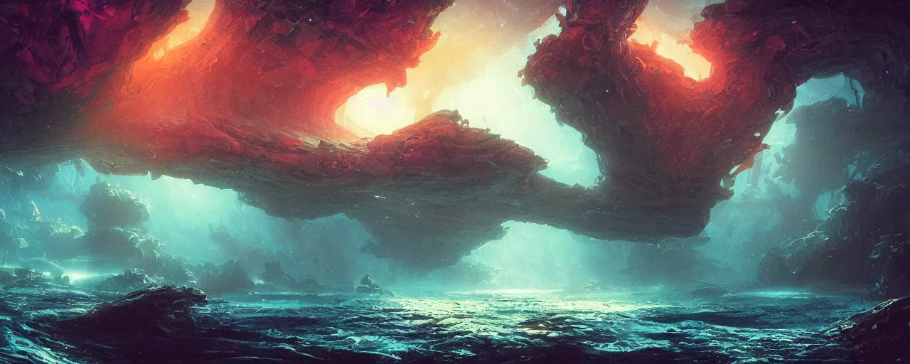 Image similar to ” underwater alien landscape, [ dark, lightshafts, cinematic, detailed, epic, widescreen, opening, establishing, mattepainting, photorealistic, realistic textures, octane render, art by slop and paul lehr ] ”