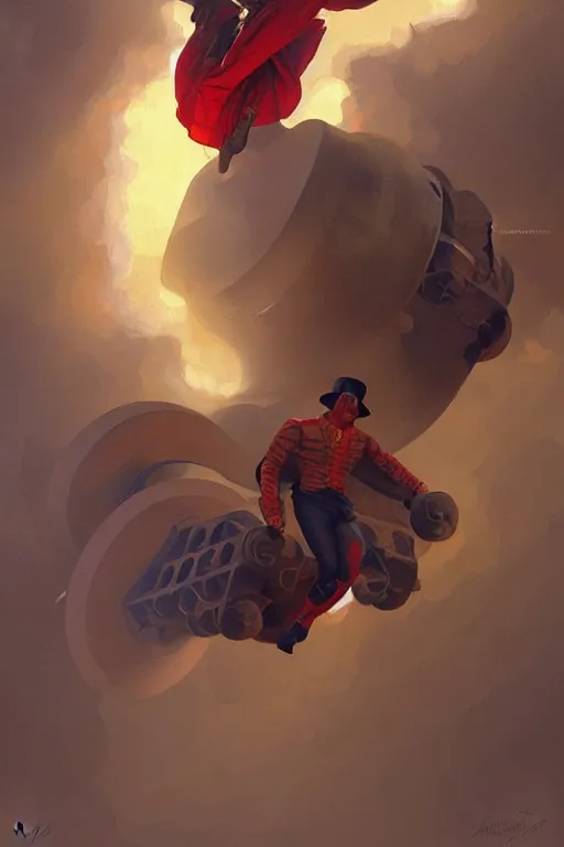 Image similar to man as human cannonball in the modern artillery cannon, realistic painting, symmetrical, highly detailed, digital painting, artstation, concept art, smooth, sharp focus, illustration, cinematic lighting, art by artgerm and greg rutkowski and alphonse mucha