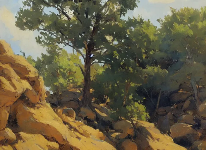 Prompt: some trees and rocks by ilya ostroukhov and gregory manchess, deviantart, figurative art, oil on canvas, impressionism, painterly