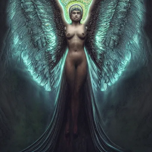 Image similar to Photorealistic dark angel in the style of Michael Whelan and Gustave Dore. Hyperdetailed photorealism, 108 megapixels, amazing depth, glowing rich colors, powerful imagery, psychedelic Overtones, 3D finalrender, 3d shading, cinematic lighting, artstation concept art