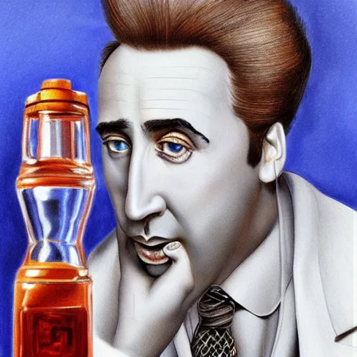 Image similar to Drinking from bottle liquid with face Nicolas Cage, Surrealism, Surreal drawing, Digital art, from artstation, art by Salvador Dali