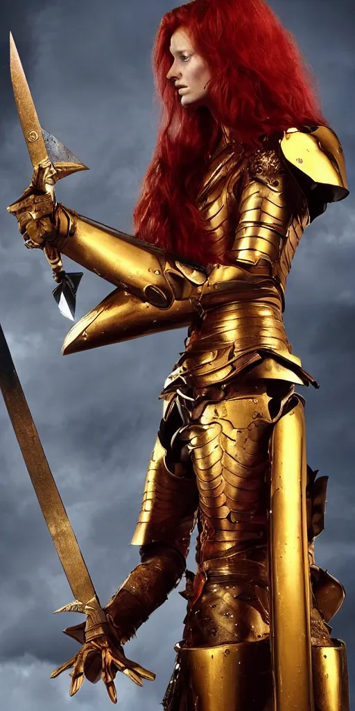 Image similar to a tall, red - haired female knight wearing golden armor and a right golden prosthetic arm, longer than her left arm. she wields a long golden blade