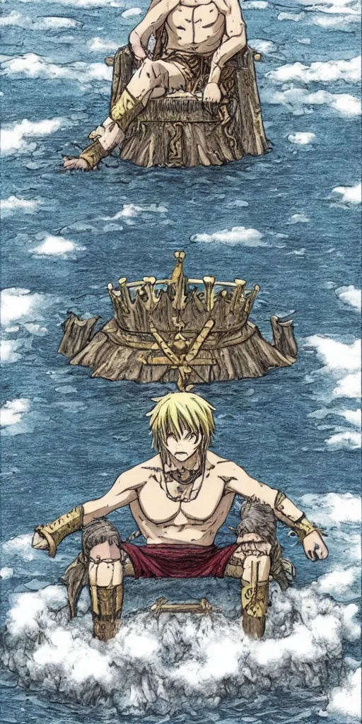 Image similar to a lone king sitting on a throne floating on water in the middle of a lake drawn by Makoto Yukimura in the style of Vinland saga anime, full color