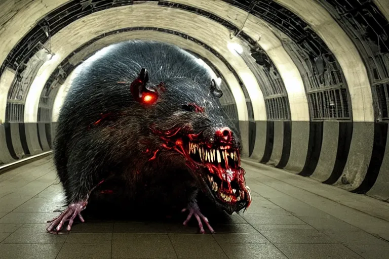 Prompt: very large giant mutant zombie irradiated ( angry rat ) staying on railways in tonnel of moscow subway. tonnel, railways, giant angry rat, very realistic. extreme long shot, low dark light, anish kapoor, herman nitsch, giger.