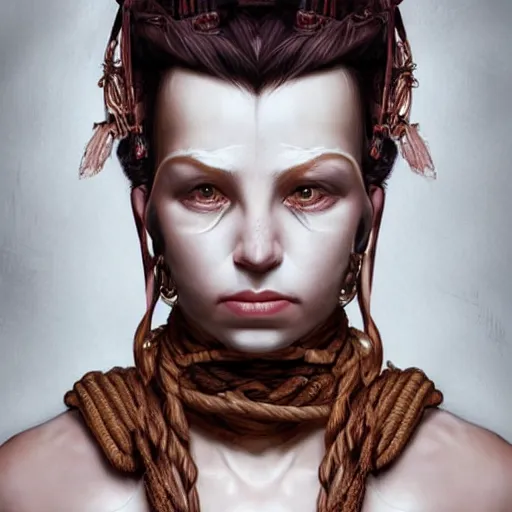 Image similar to portrait of a Shibari rope wrapped face and neck, headshot, insanely nice professional hair style, dramatic hair color, digital painting, of a old 15th century, old cyborg merchant, amber jewels, baroque, ornate clothing, scifi, realistic, hyperdetailed, chiaroscuro, concept art, art by Franz Hals and Jon Foster and Ayami Kojima and Amano and Karol Bak,