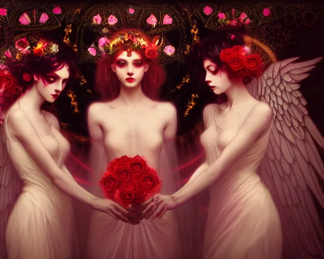 Image similar to three stunning goddesses with beautiful angelic faces, wearing psychedelic wicca, in wedding dresses, red neon roses, full body, dark and mysterious, atmospheric, ominous, eerie, cinematic light, epic, 8 k 3 d, ultra detail, ultra realistic, by wlop, by mucha, by giger