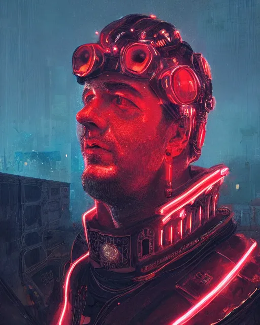 Image similar to detailed portrait Neon Emperor Nero, cyberpunk futuristic neon, reflective red coats, decorated with traditional Rome ornaments, burning Circus Maximus behind by Ismail inceoglu dragan bibin hans thoma greg rutkowski Alexandros Pyromallis Nekro Rene Maritte Illustrated, Perfect face, fine details, realistic shaded, fine-face, pretty face