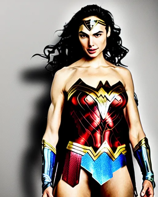 Image similar to gal gadot as she crinkles her nose while laughing, dressed as wonder woman, photorealistic, hdr, color, hyperreal