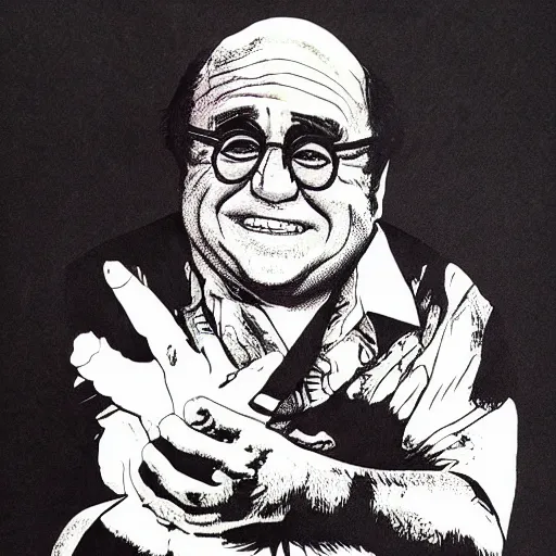 Prompt: danny devito japanese ink print